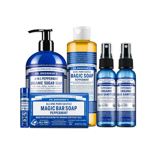 Dr. Bronner's Peppermint sæbesæt bundle med frisk duft