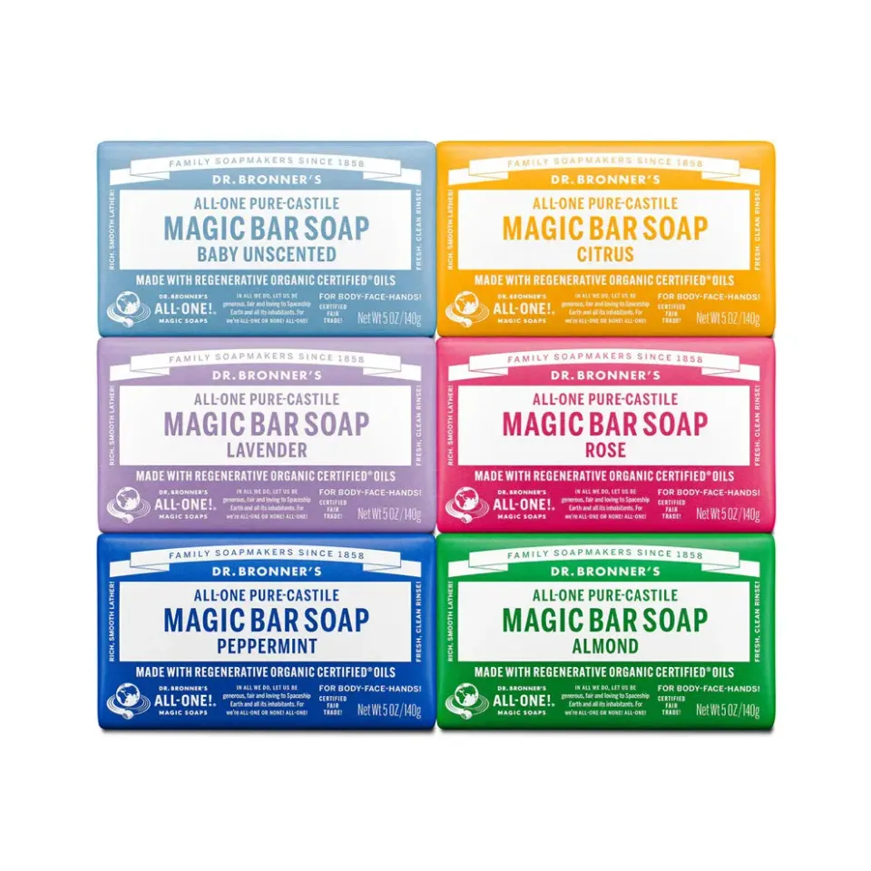 Dr. Bronner's Magic Bar Soap fast sæbe 6-pak blandede dufte