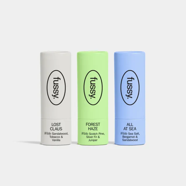 Fussy Fresh & Woody mini deo trio 3x15g træagtig